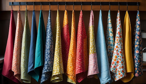 A vibrant display of colorful towels neatly arranged on a wall rack, showcasing a variety of hues and textures.