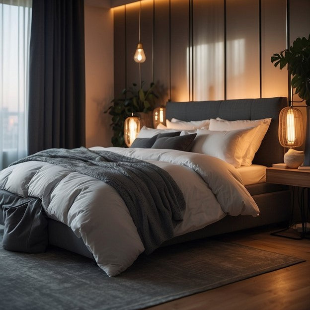 A cozy bedroom with a rumpled duvet cover, soft pillows, and warm ambient lighting.