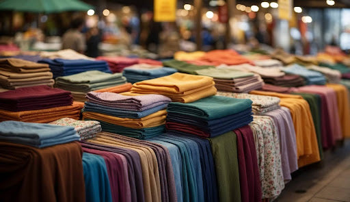 Brightly colored fabrics hang in a lively market, creating a feast for the eyes and tempting visitors to browse and buy.