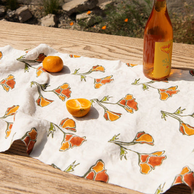 Orkney Block Poppy Print Linen Table Runner