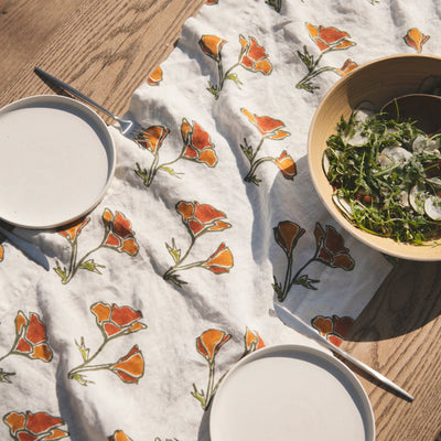 Orkney Block Poppy Print Linen Table Runner